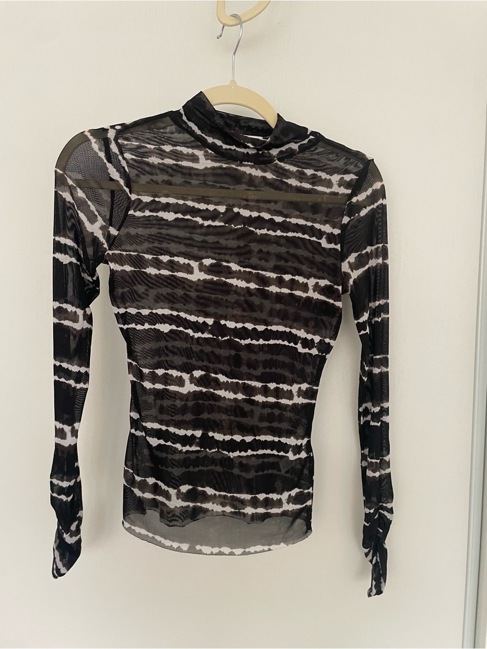 love, Fire Black and White Sheer Striped Mock Neck Top